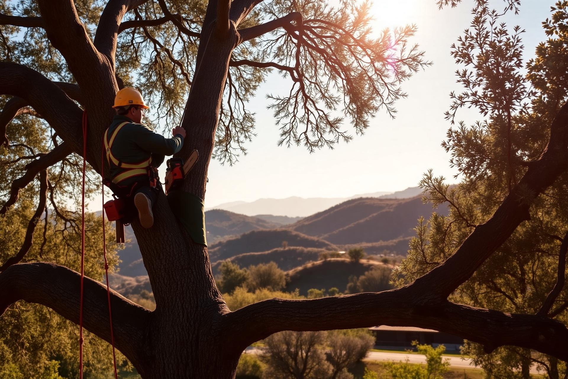 Professional arborist trimming a large oak tree in Agoura Hills